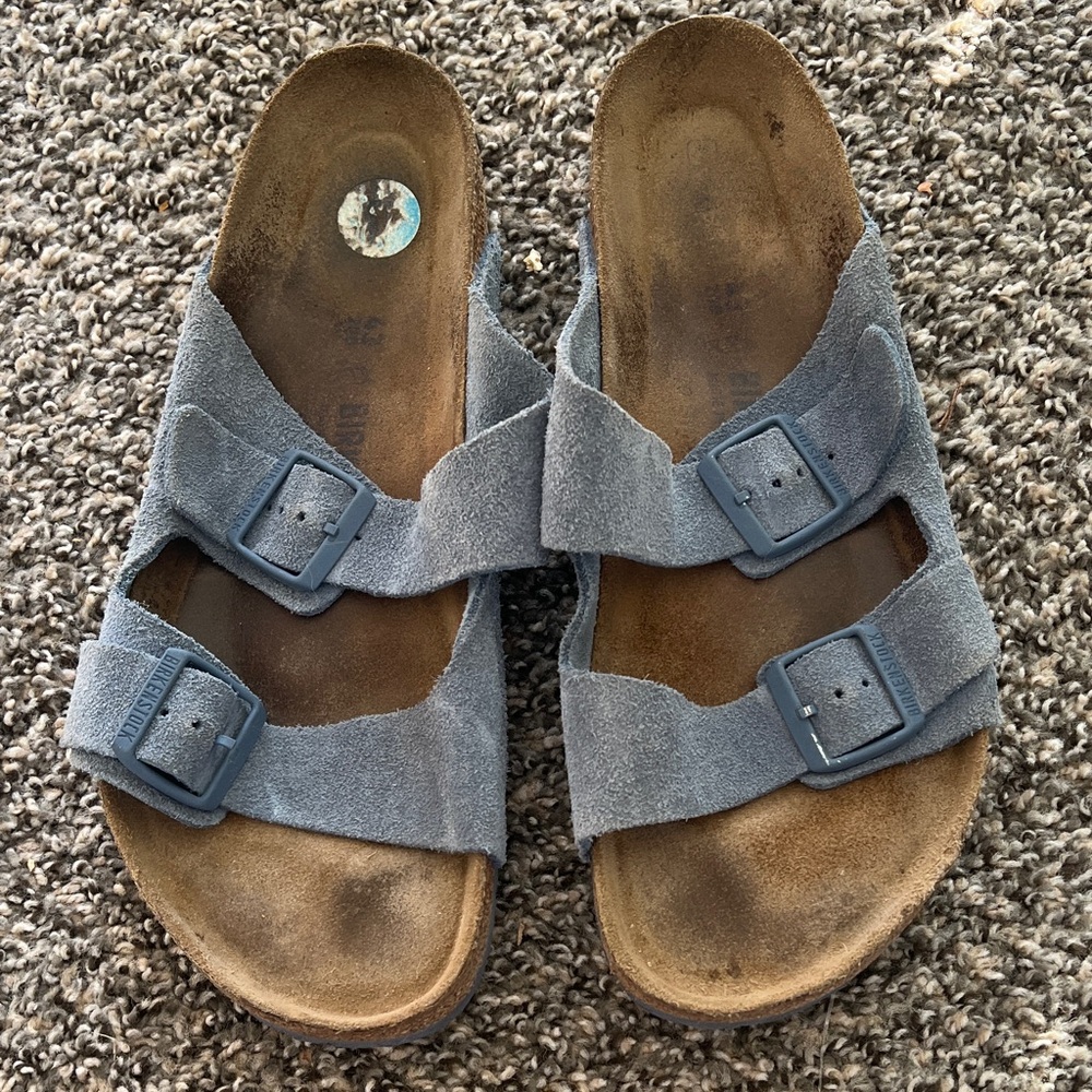 Birkenstock Arizona double-strap sandals in a blue-gray suede finish